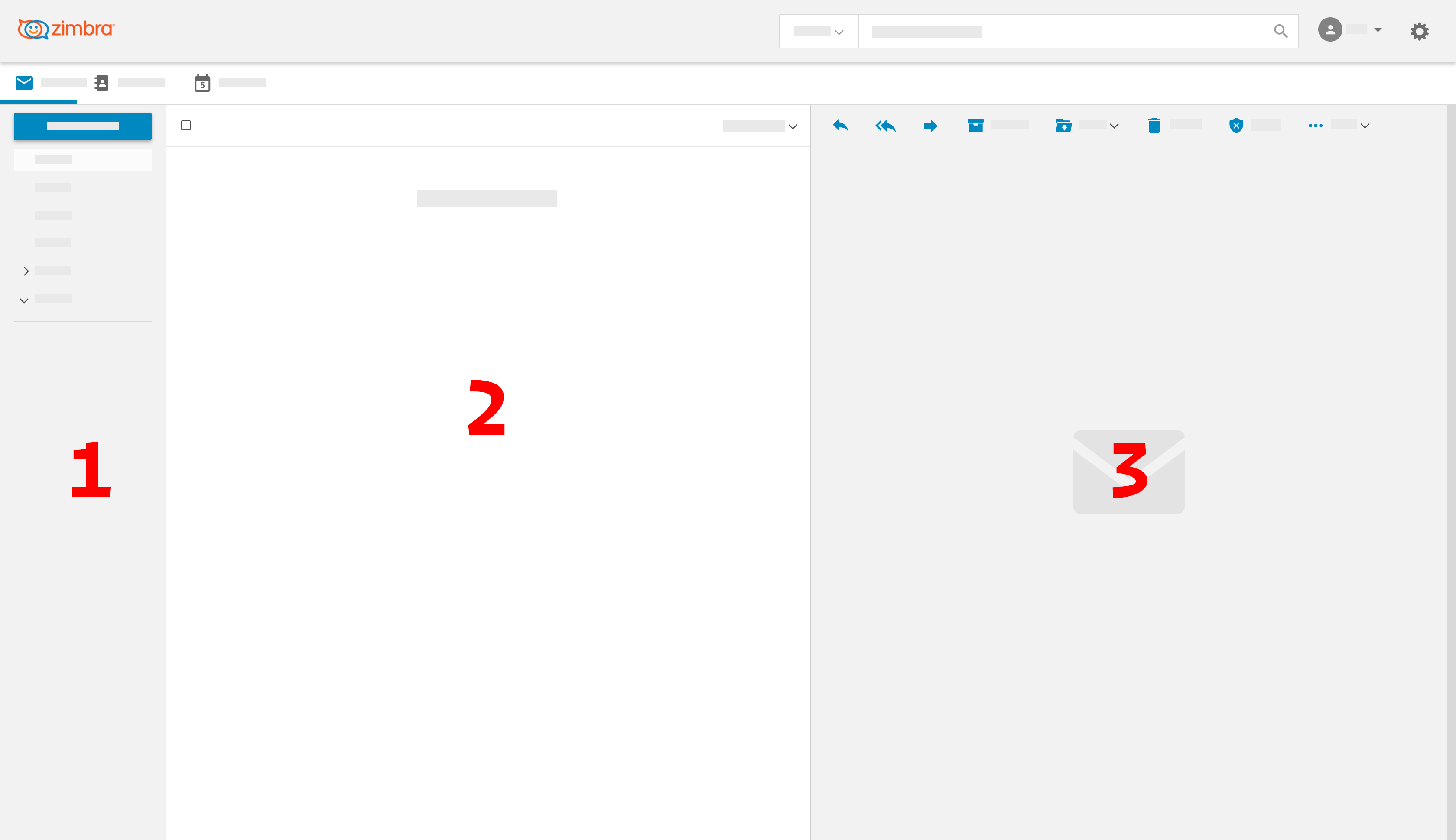 Modern Web App Zimbra con barra laterale, elenco messaggi e pannello lettura